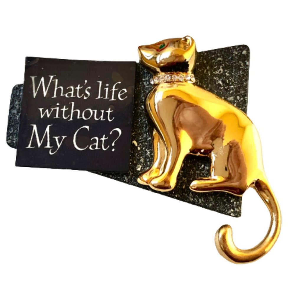 Retro Cat Brooch Pin Kitsch Wood Acrylic Metal WHAT'S LIFE WITHOUT MY CAT?